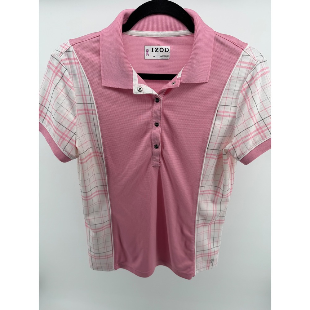 IZOD Golf Polo Shirt Women M Pink Plaid Breast Cancer Ribbon Performance